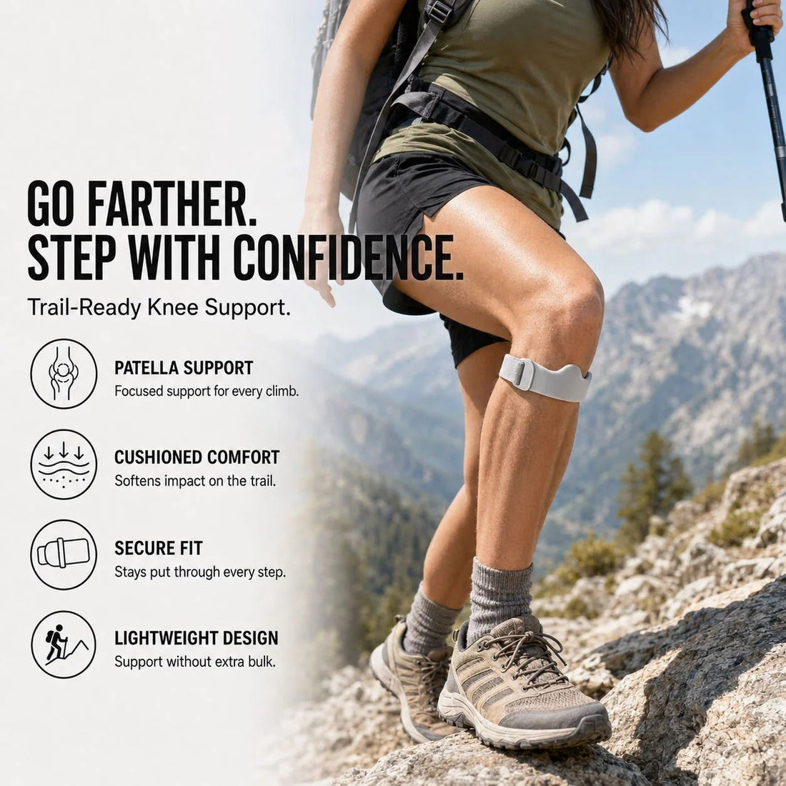 Tevanly Adjustable Patella Support Strap in gray with a contoured 8mm cushion and secure low-profile fit