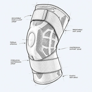 Technical sketch of a TEVANLY knee brace showing adjustable straps, a patella opening, breathable knit, compression zones and an elastic hem band.