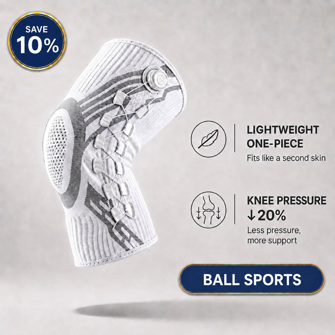 Tevanly white dial-adjustable knee brace with one-piece design and padded kneecap support for ball sports
